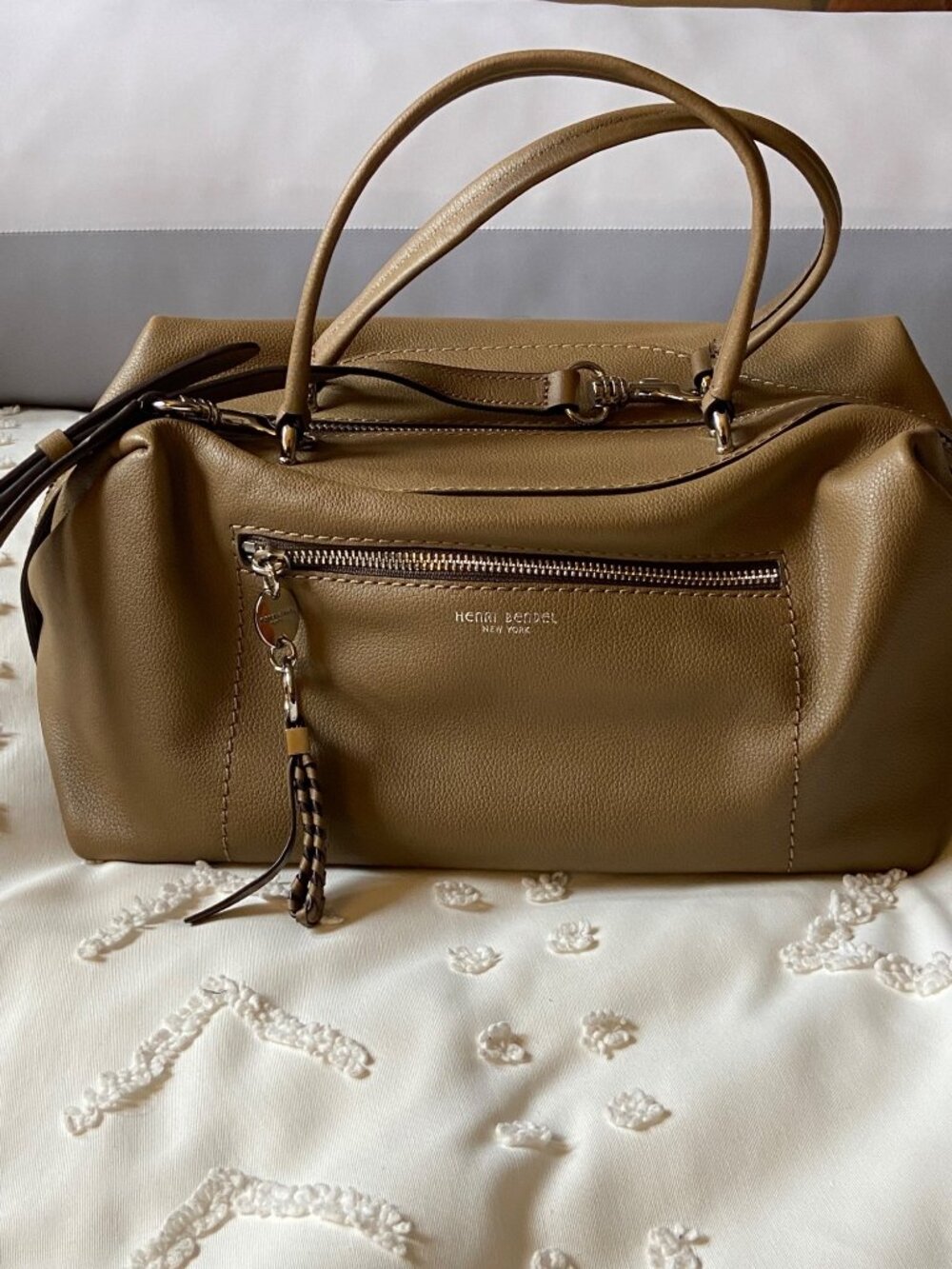 Henri Bendel Taupe Leather Satchel With Double Handles & Zippered Pockets